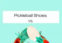 picleball shoes vs. tennis shoes with two red and green shoes