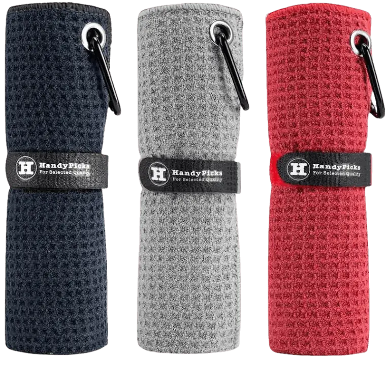 Golf towels in red, black, and gray 